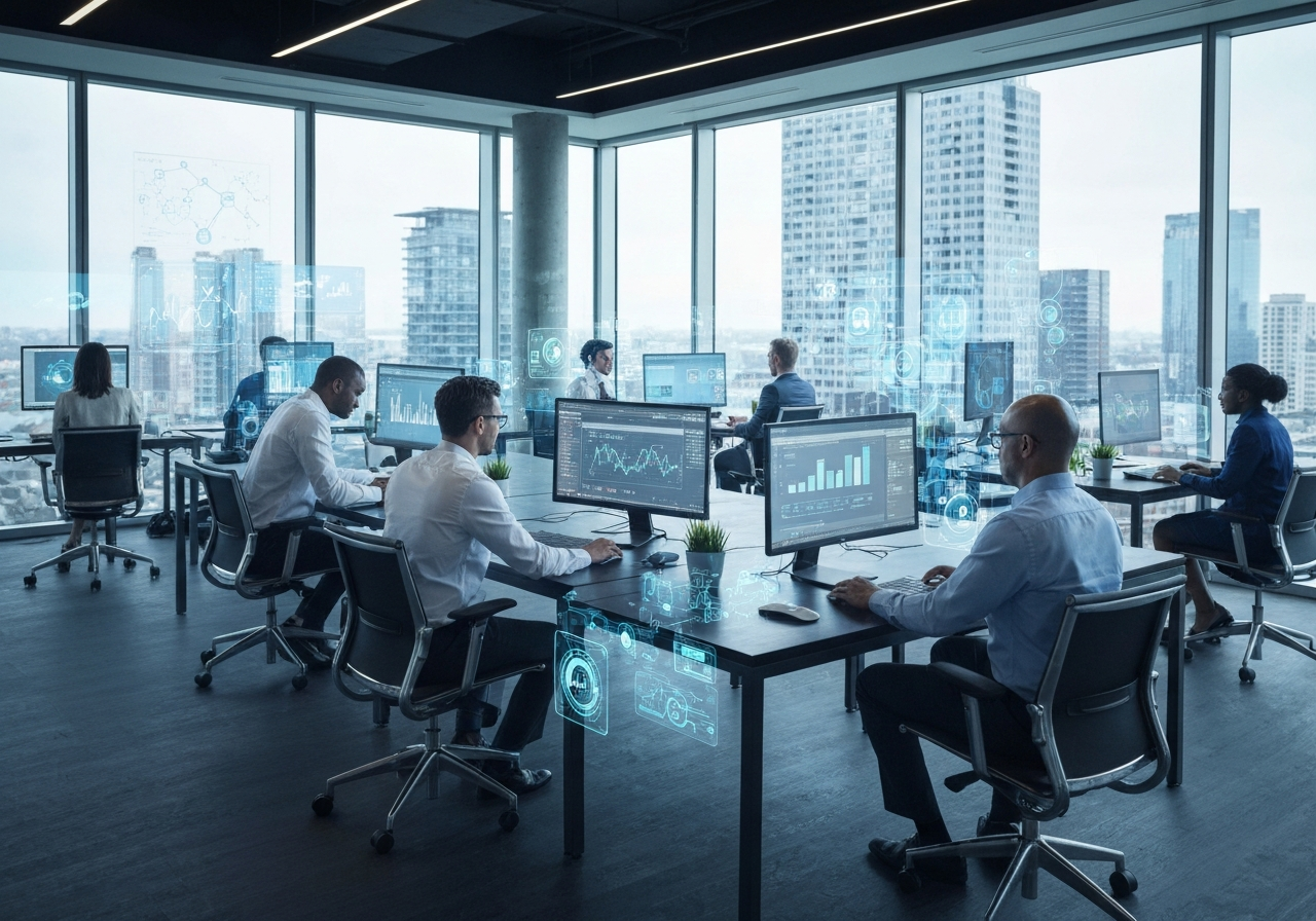 Modern Canadian business office with professionals working with AI technology and data analytics