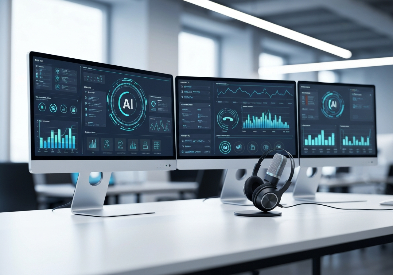 Professional business office with AI call handling technology, featuring modern customer service setup with multiple screens and headset
