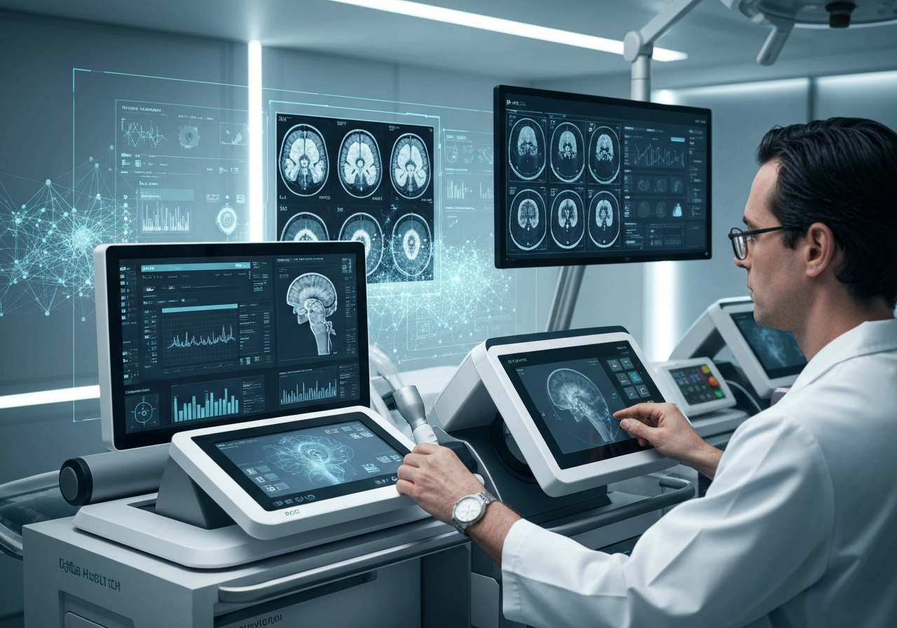 Professional medical setting showing doctor using AI-powered diagnostic equipment with digital health interfaces and medical data displays