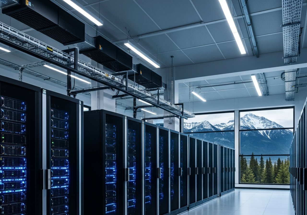 Modern data center facility in Canada with server racks and mountain landscape