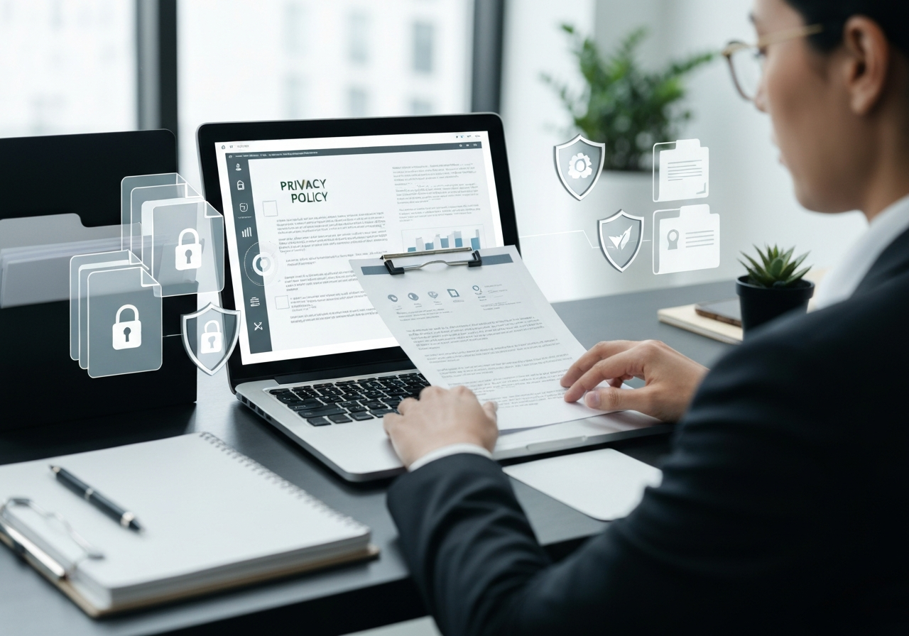 Professional businessperson reviewing privacy policy documents and data protection compliance materials in modern corporate office