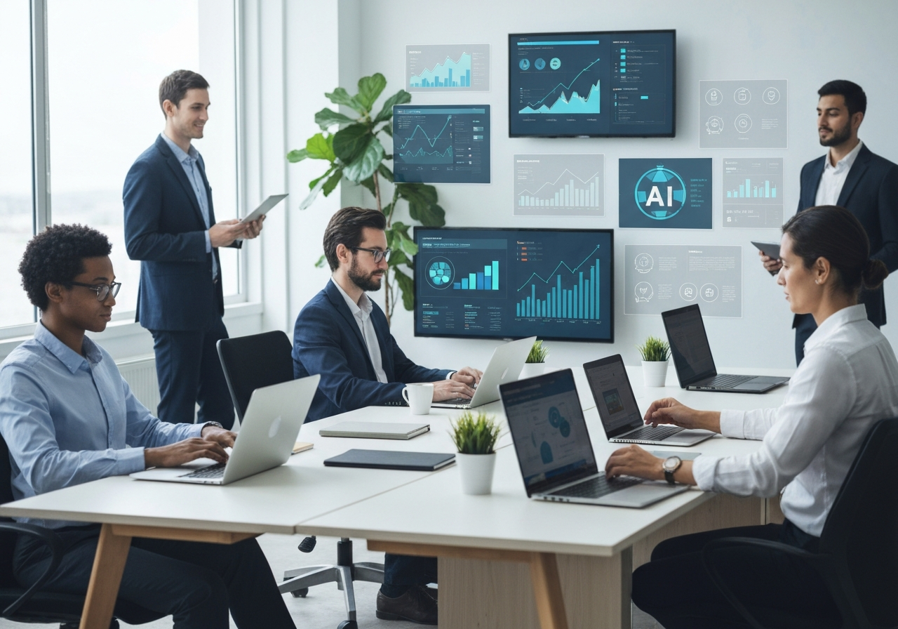 Modern small business office with diverse team using AI technology, laptops, and data analytics dashboards