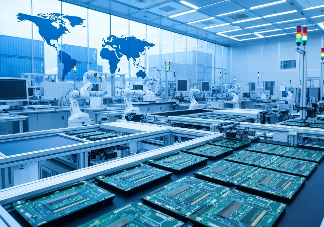 Modern semiconductor manufacturing facility showing advanced clean room technology and robotic assembly lines representing global technology supply chain networks