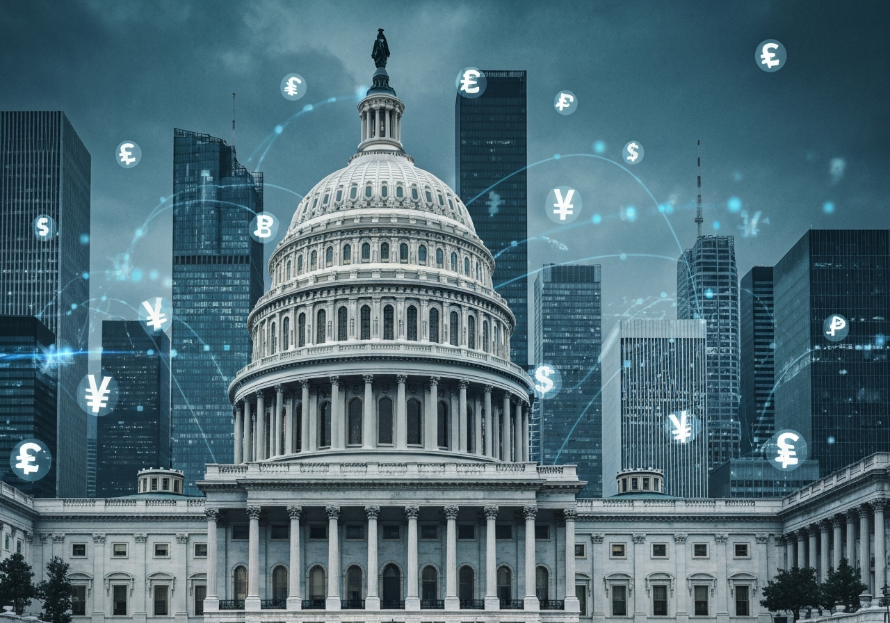 Professional photograph showing US Capitol building with darkened windows representing government shutdown, surrounded by international financial districts symbolizing global economic impact